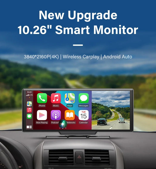 Dash Cam 4K Car Mirror Video Player Wireless Carplay